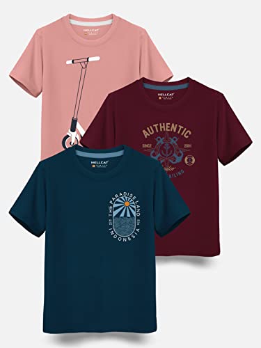 Image of HELLCAT Boys Round Neck Printed Blended Cotton Tshirt -Combo Pack of 2 - Orange /Blue