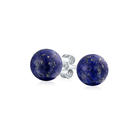 Bling Jewelry Simple Dark Blue Lapis Lazuli Gemstone Round Circle Ball Stud Earrings Cover