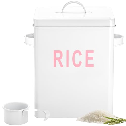 Youeon 10 Lbs Metal Rice Storage Container, Square Rice Canister with Lid and Measuring Scoop, Countertop Sealed Food Storage Container for Cereal, Beans, Pet Food, White