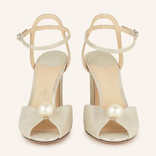 Image of Goolita Pearl Heels For Women Mid Block Ankle Strap Heeled Sandals Round Open Toe Party Evening Bridal Shoes For Wedding