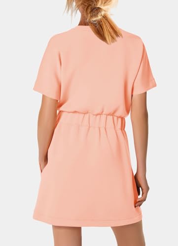 Image of SENSERISE Womens Short Sleeve T Shirt Dresses Crew Neck Solid Color Basic Smocked Waist Dress with Pockets
