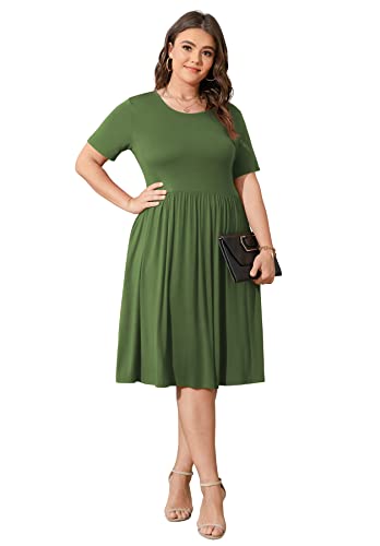 Image of POSESHE Womens Plus Size Summer Dress 2026 Casual Short Sleeve Empire Waist Loose Fit Swing T-Shirt Dress with Pockets