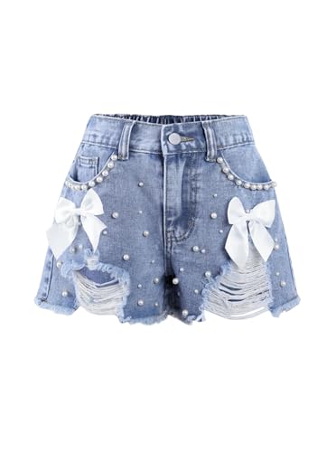 Ecolala Girls Jean Shorts Pearl Bownot Ripped Distressed Cute Straight Leg Denim Shorts Blue 9-10 Years