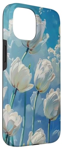 Coque pour iPhone 15 Tulipes blanches ciel bleu nuages moelleux – vue 3