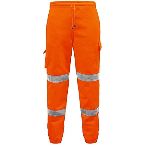 Fashion Fateek HI VIZ Two Tone Brushed Fleece Jogging Bottoms High Visibility Mens Safety Trousers Reflective Tape Joggers Orange-L Cover