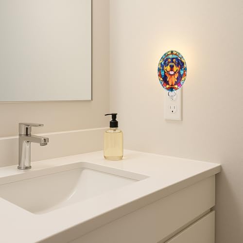 Image of Dog Night Light Rottweiler, Stained Glass Styled Plug-in Wall Nightlight, Bulb Included, Pet Memorial Dog Lover Gift, Bedroom Hallway Bathroom Decor, Manual On /Off Switch