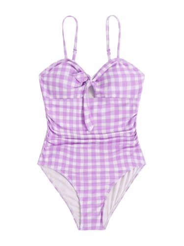 Image of Floerns Girl's Gingham Print Ruched Cut Out Knot Front One Piece Swimsuit