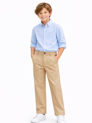 Image of HILEELANG Boys Chino Pants School Dress Pants Straight Leg with Pockets | Cotton Blend Fabric, Elastic Back Waist, Classic Chino Style, Side Pockets, Perfect for School Uniforms and Everyday Wear