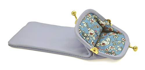 ATIPIX Etui à lunettes de vue ou de soleil - Cuir d'agneau, souple et doux (intérieur tissu type Liberty) - Bleu de lin + Chiffonnette Lunettes - Fermeture clic clac dorée