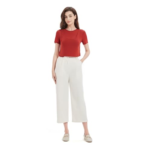 GLOWELFA Pantacourt Femme Été Blanc Fluide 7/8 Léger Taille Élastique avec Poches – Pantalon Court Décontracté Chic pour Vacances, Bureau, Maison, Sport et Randonnée(G82876,TTG,Blanc)