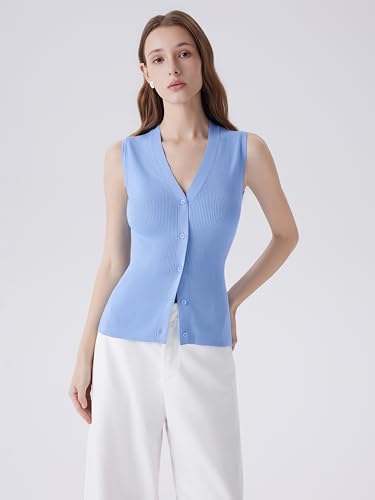 Image of SUUKSESS Women Sleeveless Sweater Tops Summer V Neck Button Down Vest Tops Business Casual Work Shirts