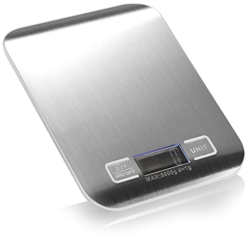 COM-FOUR® Báscula de cocina digital - báscula electrónica para el hogar - medidor de peso para la cocina y el hogar - dispositivo de medición hasta 5 kg - funciona con pilas (1 pieza - color plata)