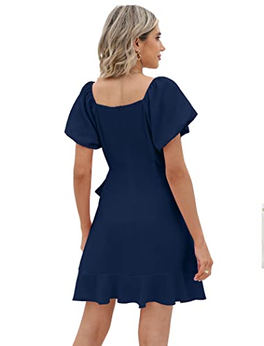 Image of Sampeel Womens Summer Dresses Square Neck Puff Sleeve Tie Waist Short Dress