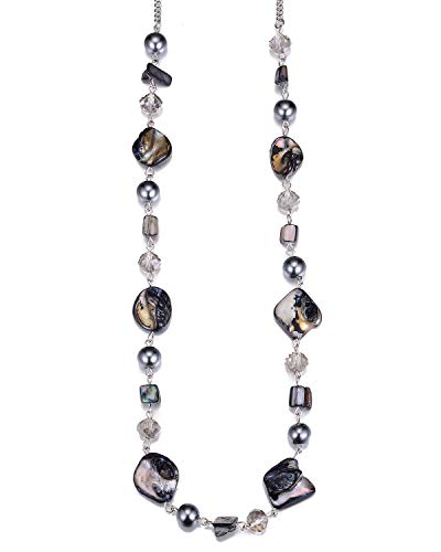 BULINLIN Collar largo de cuentas plateadas con cristal para ella, joyería de cadena de suéter, collar de moda para cumpleaños, regalo para mujer, madre, 90 cm, Plástico Resina Cristal, Perla