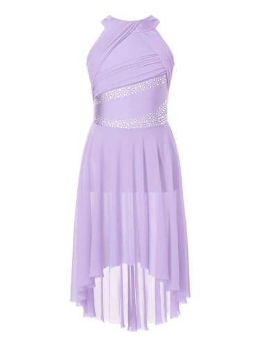 Freebily Mädchen Lyrisch Tanzkleid Glitzer Neckholder Eiskunstlauf Kleid Tanzbody Mit Hi-Lo Rock Kinder Ballettkleidung Lyrical Tanzkleidung Lavendel...
