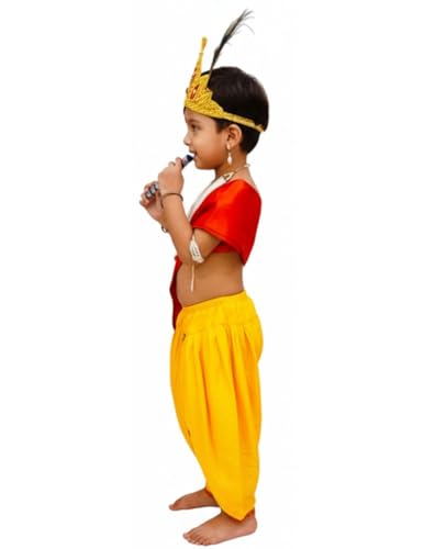 Image of BookMyCostume Polyester Krishna Yellow Costume Dhoti & Red Patka with Light Pearl Jewellery and Mukut Set - Janmashtami Dress Costume for Baby Kanha Laddu Gopal - Boys & Girls 6-12 Months