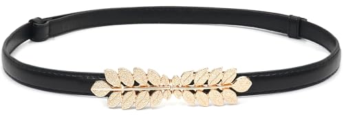 Women Skinny Belts Thin PU Leather Waist Belt with Gold Buckle for Dresses