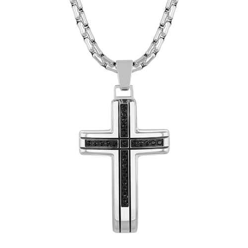 Men’s 0.25 CTW Black Diamond Cross Pendant Necklace in Stainless Steel with 24 Inch Rolo Chain, Modern Jewelry Gift for Him