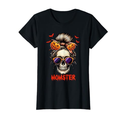 Momster Halloween espeluznante esqueleto cráneo moño desordenado mamá mujeres Camiseta