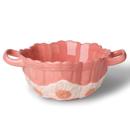 silesia Handmade Salad Bowl with Handles, 45 oz Hand-Painted Serving Bowl, Large Ceramic Crocks for Soup, Pasta, Stew, Microwave & Dishwasher Safe, Kitchen Decor Gift (Pink)