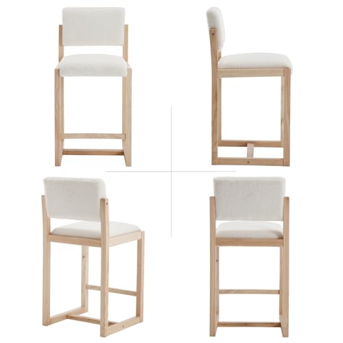 Conjunto de 4 butacos de altura para barra (26 pulgadas) HNY, color blanco Sherpa | Estructura de caucho sólido con asiento y respaldo tapizados, base deslizante moderna para isla de cocina, bar en casa miniatura 3