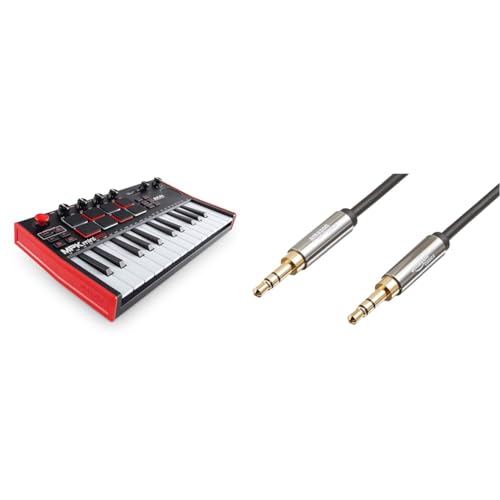 AKAI Professional MPK Mini Play MK3 - MIDI Keyboard Controller & Amazon Basics Auxiliary Kabel, Stereo-Audiokabel, 3,5 mm-Klinkenstecker auf 3,5 mm-Klinkenstecker, 1.2 m, Schwarz