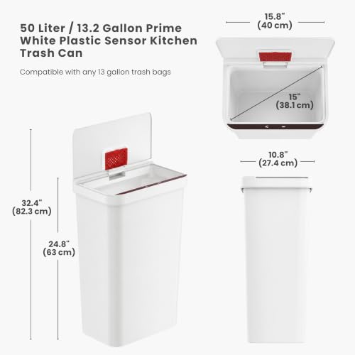 Image of iTouchless 13.2 Gallon Sensor Trash Can with AbsorbX Odor Filter, Durable Dent-Proof Construction, Slim and Space-Saving Automatic Recycle Bin for Kitchen, Home Office, Garage, Business, White Plastic
