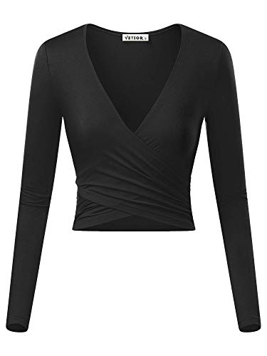 VETIOR Women's Deep V Neck Long Sleeve Unique Cross Wrap Slim Fit Crop Tops Medium Black