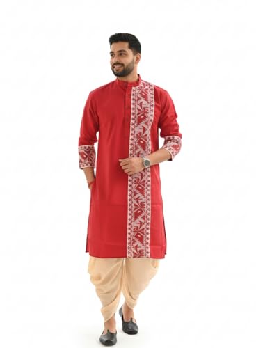 Cotton Jamdani Kurta Punjabi for Men, Traditional Woven Design, M...