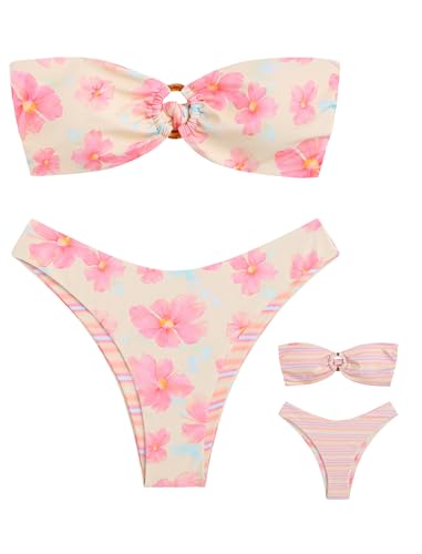 Image of ZAFUL Women's Bandeau Bikini O Ring Strapless Tie Back High Cut Two Piece Swimsuit Bathing Suits