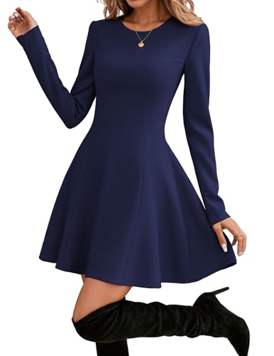 Hotouch Damen Kleider Langarm Rundhals A line Herbstkleid Elastizität High Waist Knielang Kleid Casual Kleider