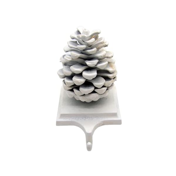 Cast iron white pinecone stocking holder freestanding for shelves and mantels christmas decor seasonal decoration 45 inches tall  urban country home decor