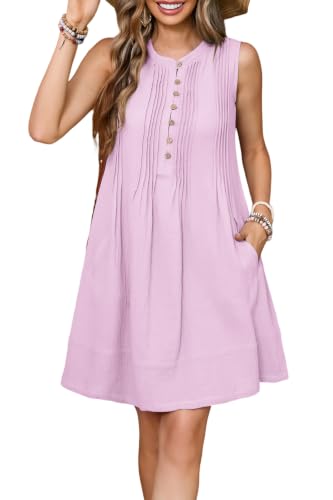 Image of R.Vivimos Sleeveless Cotton Casual Dresses for Women Summer 2026 Button Up Ruched Loose Tunic Mini Dress with Pockets