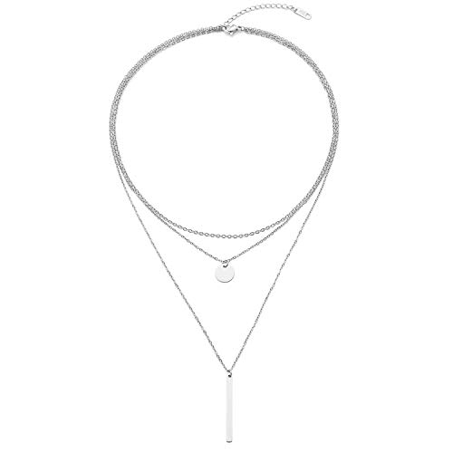 Lettarius XTG009S Disc Bar Pendant Layering Necklace Stainless Steel Silver Cute Charm Multi Layered Chain Choker Collar Fashion Statement Jewelry cover