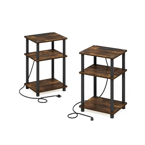 Image of Furinno Just 3-Tier Turn-N-Tube USB and Type-C Charging Port End Table with Open Storage, Amber Pine /Black, Set of 2