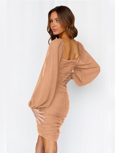 Image of MASCOMODA Women Elegant Square Neck Lantern Long Sleeve Mini Ruched Bodycon Dress Stretch Mesh Slim Party Cocktail Dresses