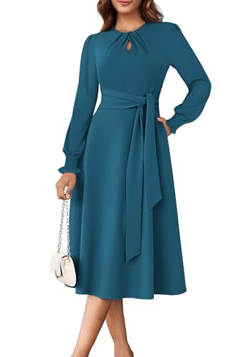 ECOWISH Womens Dresses 2025 Fall Long Sleeve Tie Waist Wedding Guest Party Cocktail Flowy A Line Midi Dress with Pockets Teal Large
