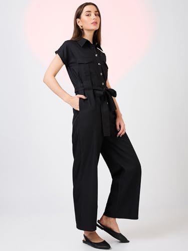 Image of Globus Women Olive Solid Shirt Collar Jumpsuit with Waist Tie-Up-3638458001