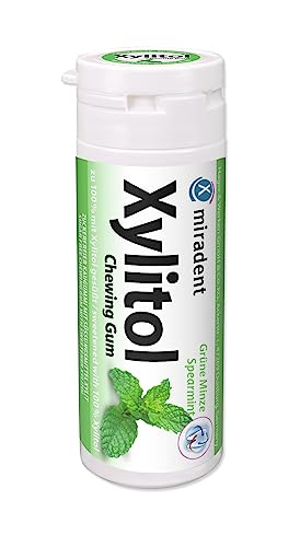 miradent Xylitol Zahnpflegekaugummi Spearmint Dose 30 Stück (1 x 30 g) | erfrischender Geschmack | zuckerfrei | vegan | kariespräventiv | für unterwegs