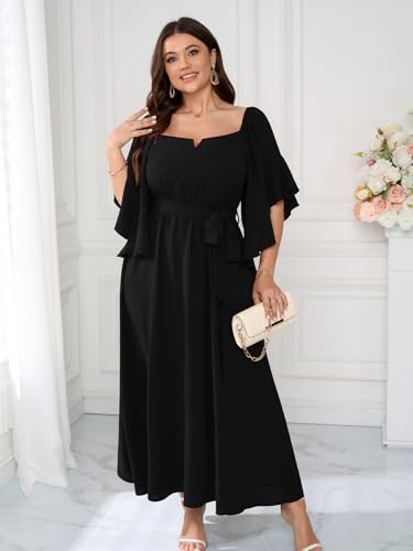 SCOMCHIC Women Plus Size Wedding Guest Maxi Dress Square Neck Ruffle 3/4 Sleeve Belted Slit A Line Formal Long Dresses4