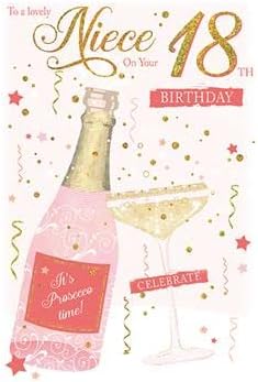 Special Niece Milestone Birthday Card - Age 18 Champagne Bottle & Glitter - Embossed with a Gold Flittered & Foiled Finish (PR830114)