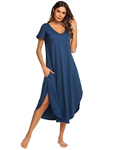 Ekouaer Nightdress Women's Cotton Sleepwear Short Sleeve Pajamas Long Nightgown (Navy Blue,XL)