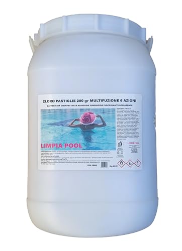 25 kg Cloro Limpia Pool Multifunzione 6 Azioni: Acqua di Piscina Perfetta in una Pastiglia da 200 gr