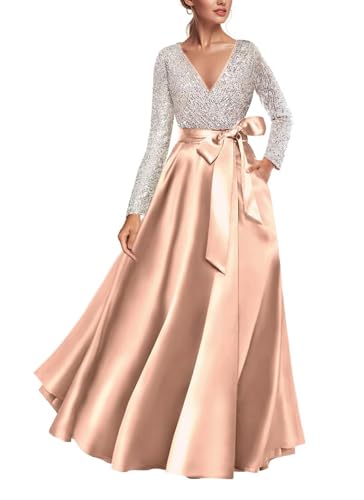Long Sleeves Sequin Wedding Guest Dresses for Women Floor Length Rose Gold V Neck Satin Formal Prom Gowns A Line Elegant Mother of The Bride Dresses for Wedding US14