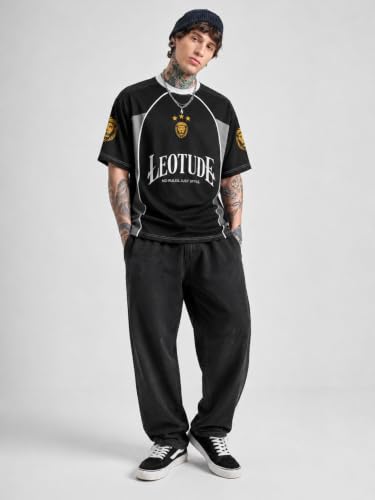 Image of LEOTUDE Men's Oversized Sports Jersey T-Shirt | Premium Streetwear Graphic Tee | Breathable Polyester Casual Athletic Half Sleeve Round Neck Black T-Shirt for Mens (Color : Black)