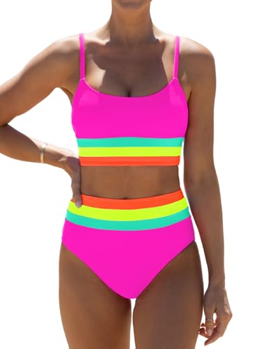 popvil High Waisted Bikini Sets for Women Tummy Control Swimsuits Neon Swimwear 3 Piece Color Block...