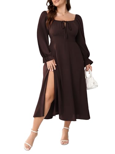 Women's Plus Size Milkmaid Dress Long Sleeve Square Neck Dress A-Line Flowy Maxi Wedding Guest Cocktail Formal Dresses Brown