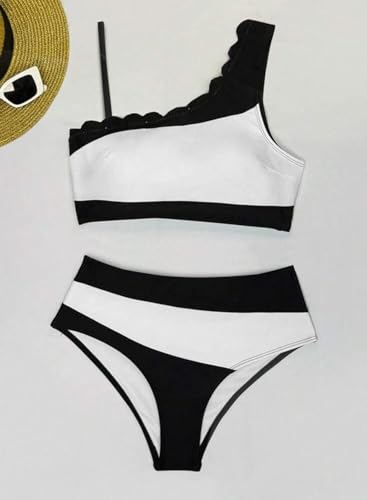 Herseas Women\'s One Shoulder Petal Edges Two Piece Black Bikini Sets Color Block Wide Strap Swimsuits High Waisted Bathing Suits Casual Resort Outfits 2026 Summer Medium