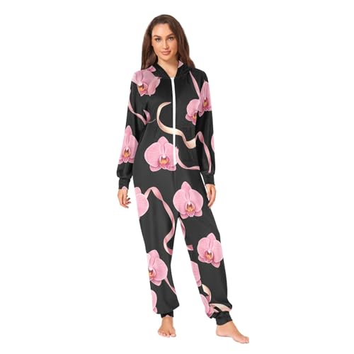 Grenouillère noire adulte à fleurs d'orchidée en peluche douce avec zip