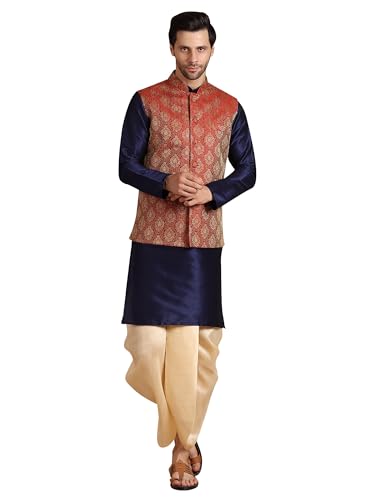 Image of Men's Silk Blend Solid Kurta Dhoti Set with Designer Ethnic Nehru Jacket